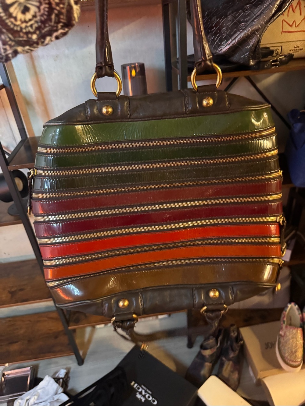 Dolce & Gabbana RARE Y2K Striped Rainbow 7 Zipper Patent &Brown Leather Satchel